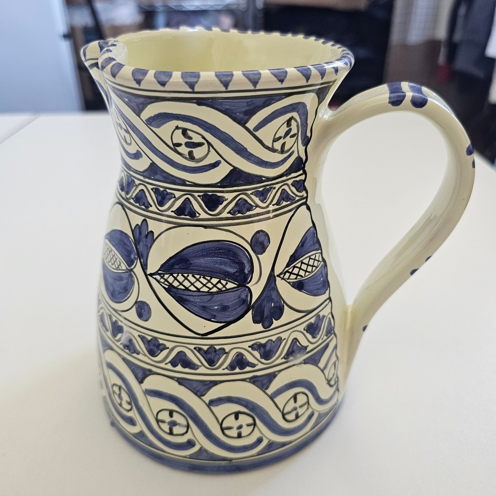 L.AR.CE. Orvieto Italian Pottery Pitcher Blue White Hand Painted Majolica 6.5"